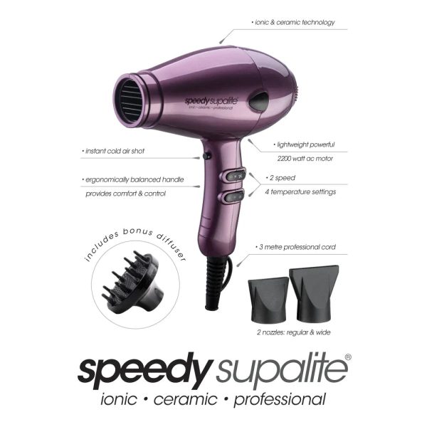 Speedy Supalite professional Hair Dryer - with free Adam professional brushes (25mm, 33mm, and 43mm) Purple Hot on Sale